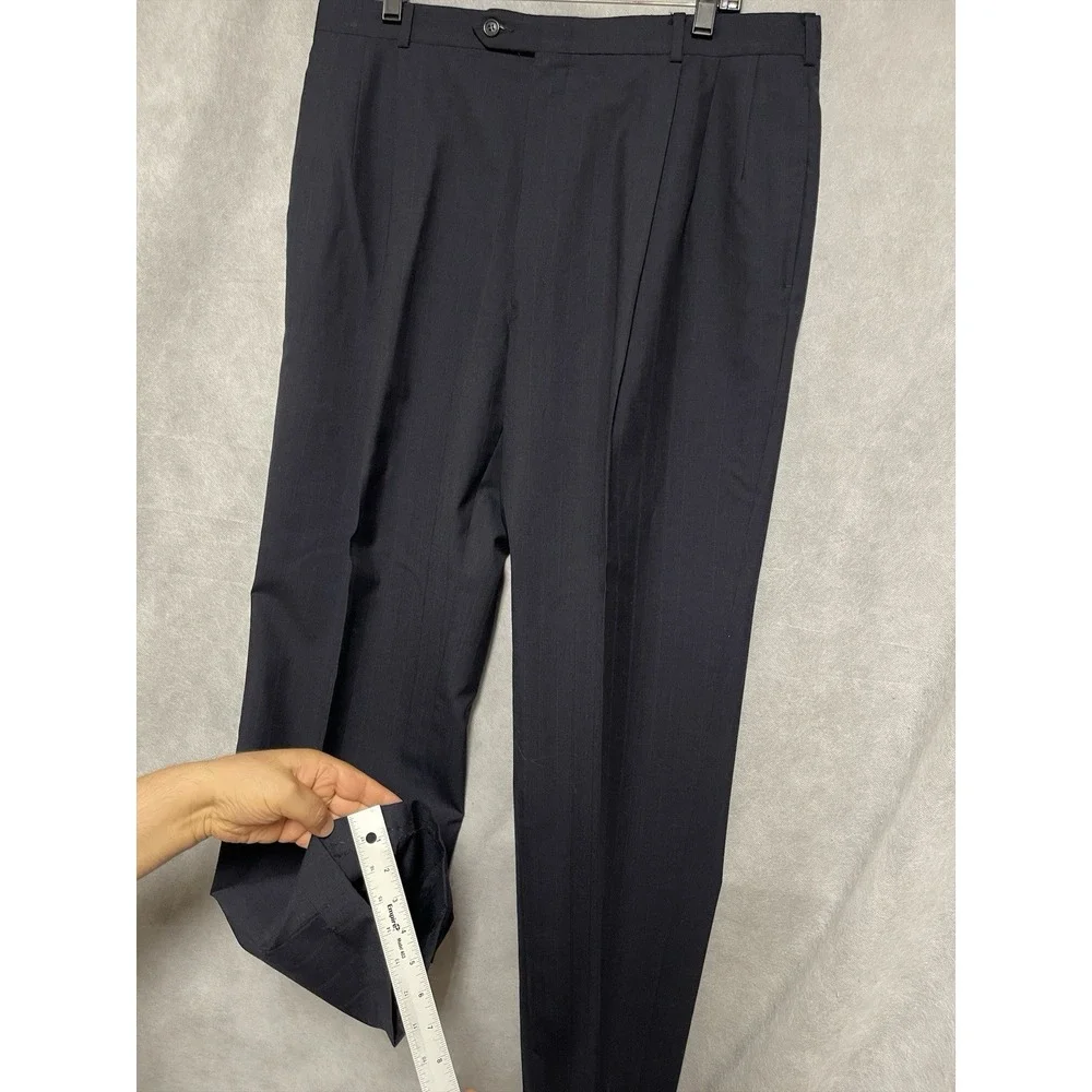 Perry Ellis Suit Men 42R Navy Striped Double Breasted Wool 36x32 Pants Luxury